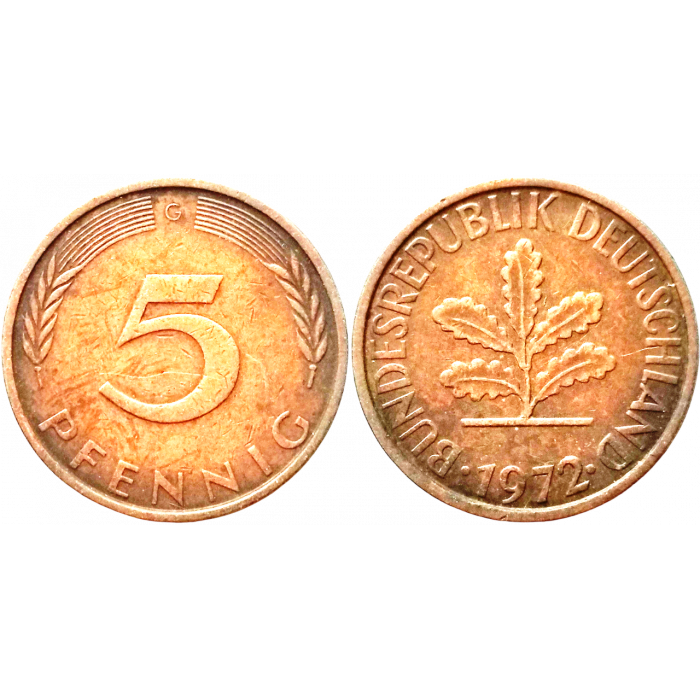 Германия - ФРГ 5 пфеннигов 1972 G год KM# 107