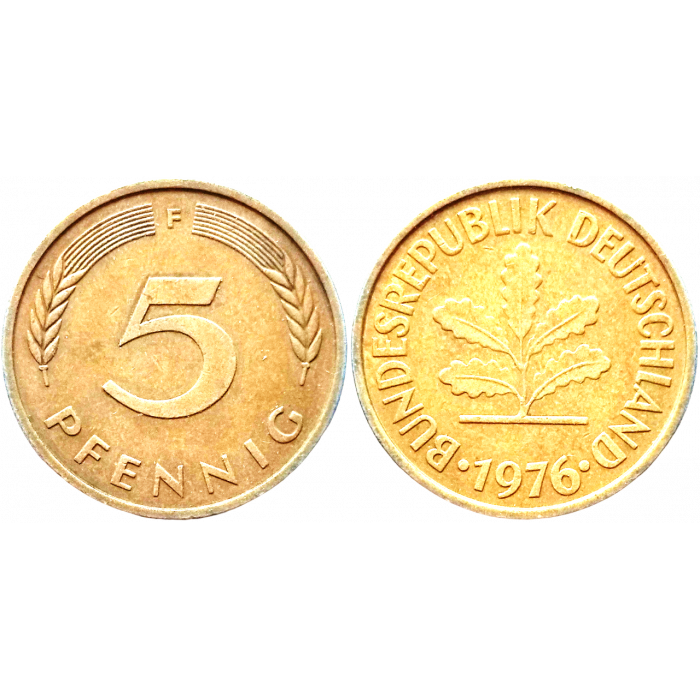 Германия - ФРГ 5 пфеннигов 1976 F год KM# 107
