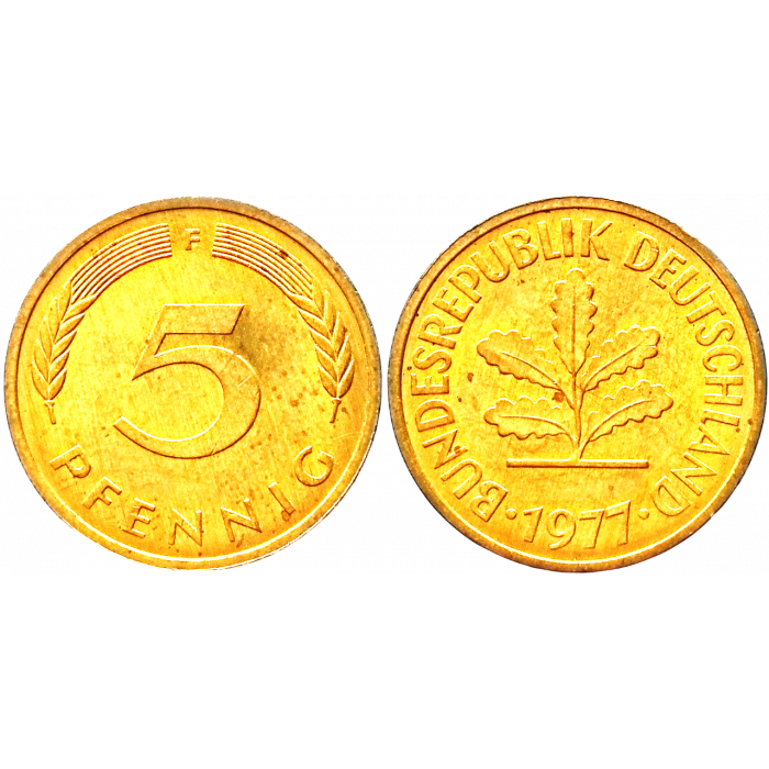 Германия - ФРГ 5 пфеннигов 1977 F год KM# 107