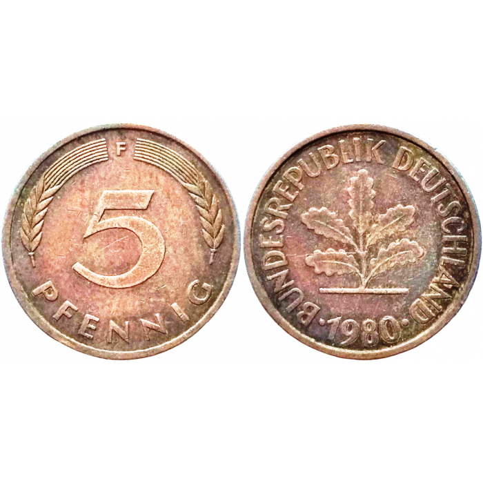 Германия - ФРГ 5 пфеннигов 1980 F год KM# 107
