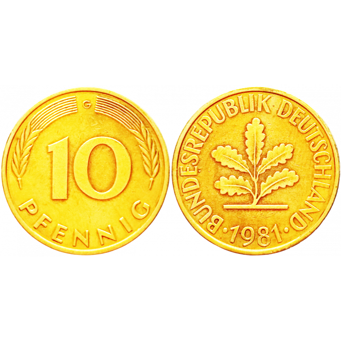 Германия - ФРГ 10 пфеннигов 1981 G год KM# 108