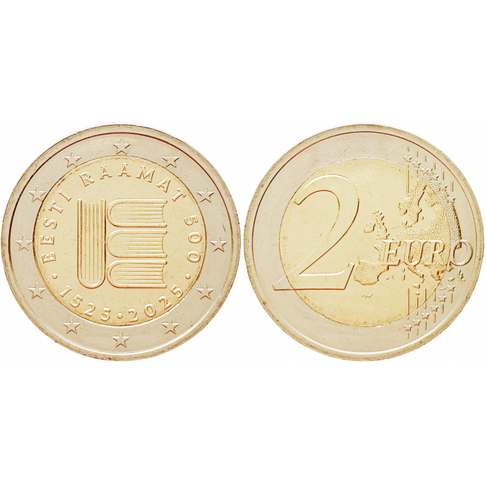 Эстония 2 евро 2025 год UNC UC# 116 500-летие первого печатного текста на эстонском языке