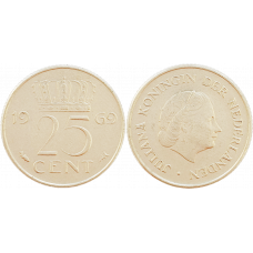 Нидерланды 25 центов 1969 год KM# 183 Отметка монетного двора: "рыба" слева от номинала