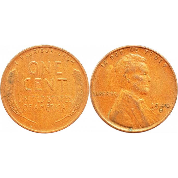 США 1 цент 1940 D год KM# 132 Wheat Penny, Линкольн