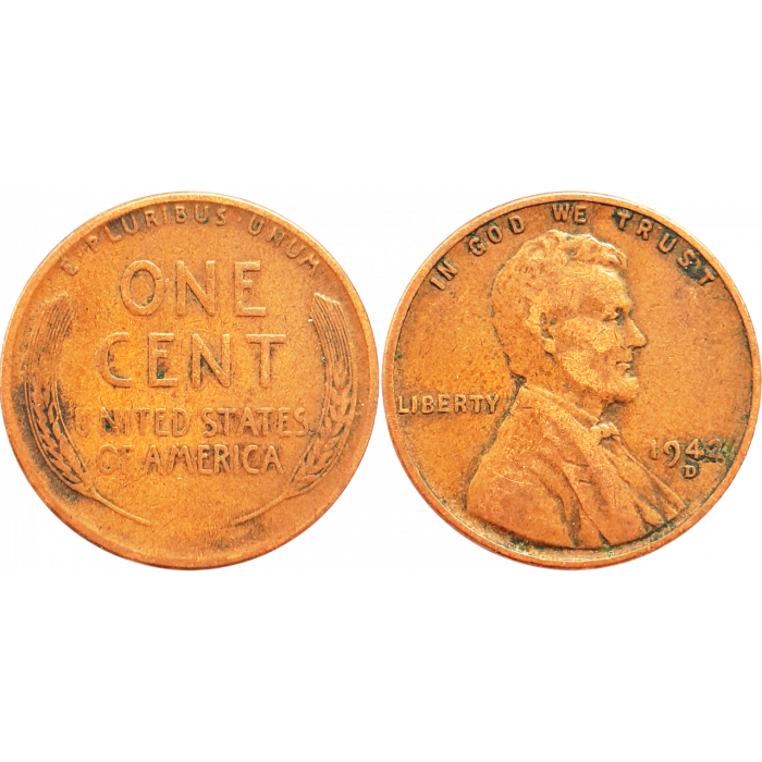 США 1 цент 1942 D год KM# 132 Wheat Penny, Линкольн