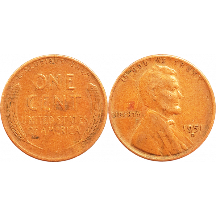 США 1 цент 1951 D год KM# A132 Wheat Penny, Линкольн