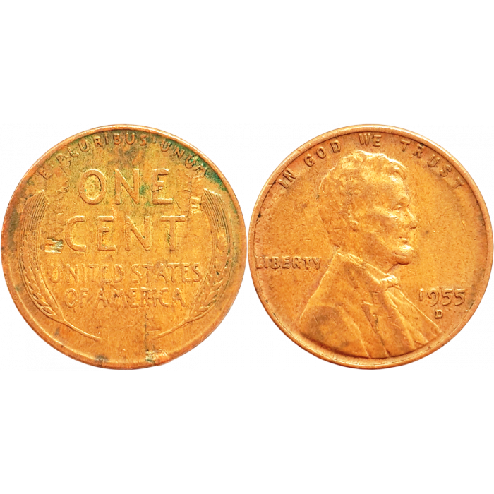 США 1 цент 1955 D год KM# A132 Wheat Penny, Линкольн