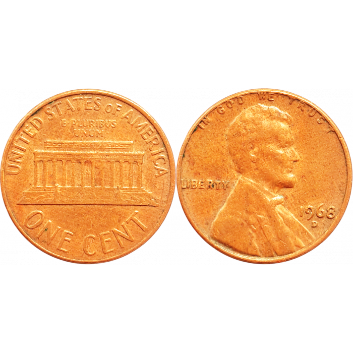 США 1 цент 1968 D год KM# 201 Lincoln Cent