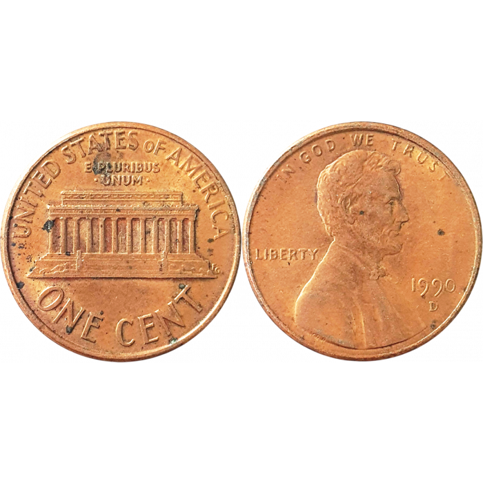 США 1 цент 1990 D год KM# 201 Lincoln Cent