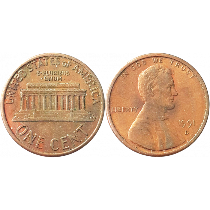 США 1 цент 1991 D год KM# 201 Lincoln Cent