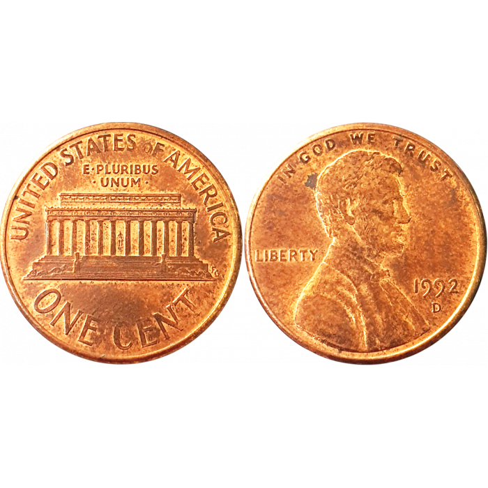 США 1 цент 1992 D год KM# 201 Lincoln Cent
