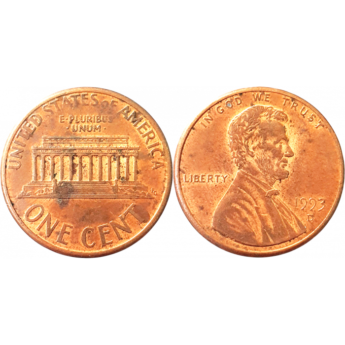 США 1 цент 1993 D год KM# 201 Lincoln Cent