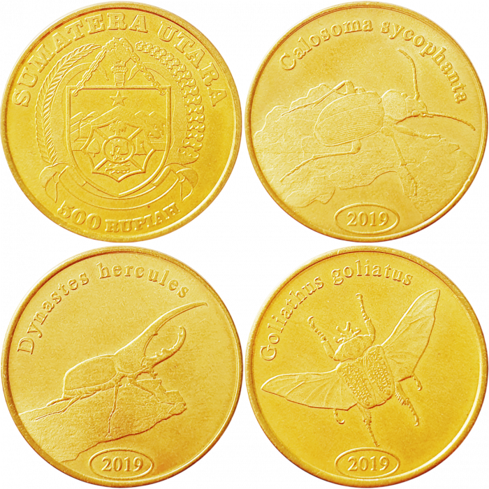 Северная Суматра 500 рупий 2019 год UNC Жуки Набор 3 из монет 