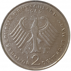 Германия 2 марки 1989 F год KM# 170 Людвиг Эрхард, 40 лет Федеративной Республике (1948-1988)