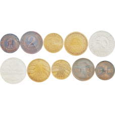 Германия 1 10 рейхспфеннигов 2 5 рентенпфеннигов 50 пфеннигов 1919-1938 год Набор 5 монет