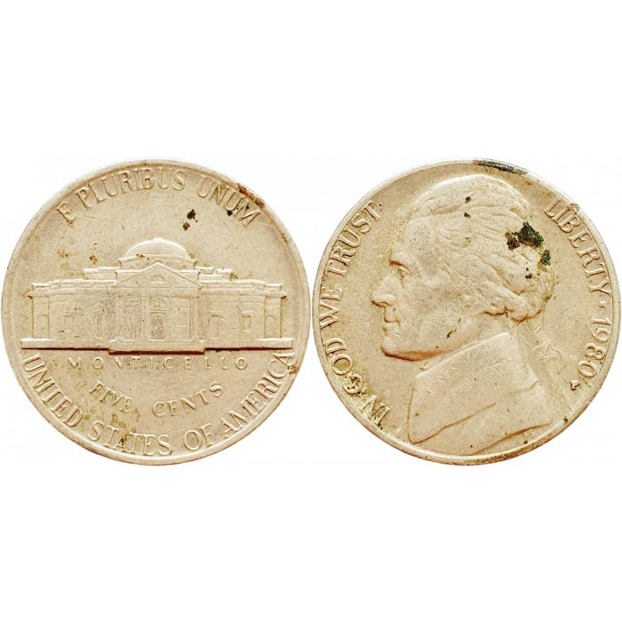 США 5 центов 1980 P год KM# A192 Jefferson Nickel