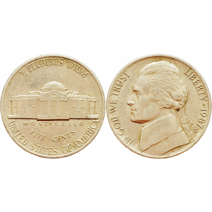 США 5 центов 1987 D год KM# A192 Jefferson Nickel