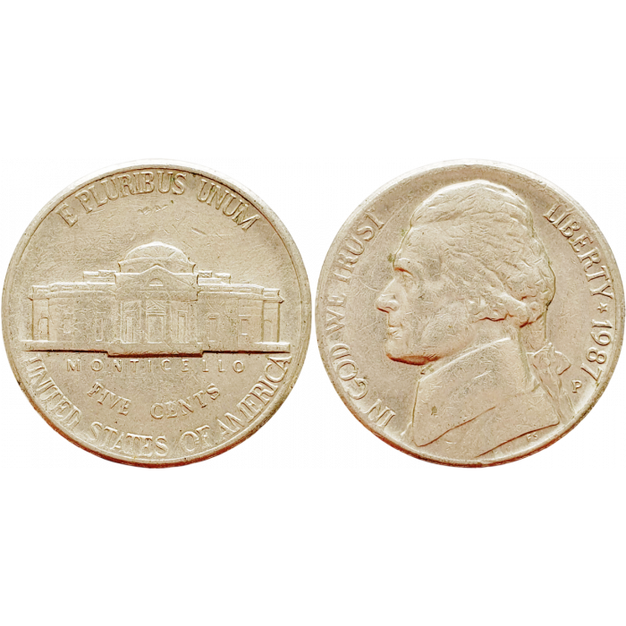 США 5 центов 1987 P год KM# A192 Jefferson Nickel