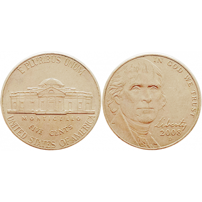США 5 центов 2008 D год KM# 381 Jefferson Nickel