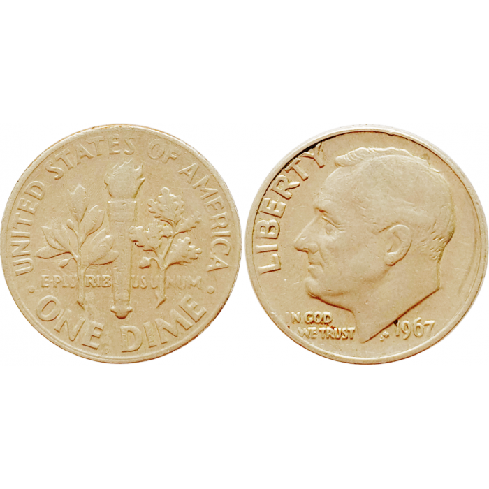США 1 дайм 1967 год KM# 195a Roosevelt Dime