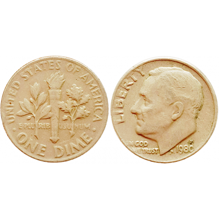 США 1 дайм 1980 P год KM# 195a Roosevelt Dime