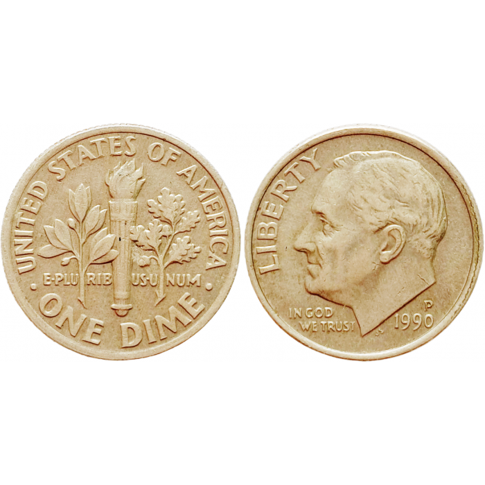 США 1 дайм 1990 P год KM# 195a Roosevelt Dime