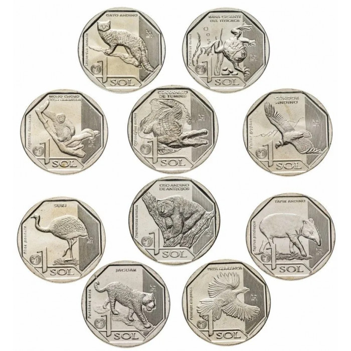 Перу 1 соль 2017-2019 год UNC Исчезающая дикая природа Перу Набор из 10 монет