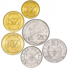Заир 5 10 20 макут 1 5 10 заиров 1973-1988 год Набор из 6 монет
