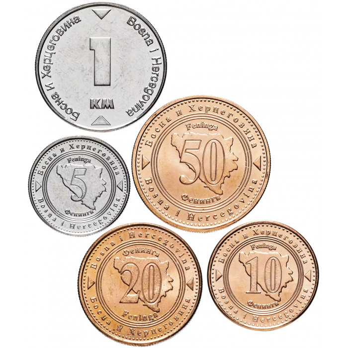 Босния и Герцеговина 5 10 20 50 фенингов 1 марка 1998-2025 год Набор из 5 монет