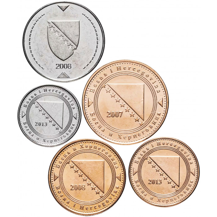 Босния и Герцеговина 5 10 20 50 фенингов 1 марка 1998-2025 год Набор из 5 монет