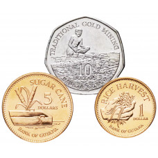 Гайана 1 5 10 долларов 1996-2022 год Набор из 3 монет