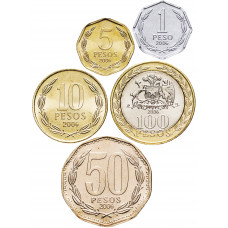 Чили 1 5 10 50 100 песо 1981-2024 год Набор из 5 монет