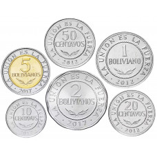 Боливия 10 20 50 сентаво 1 2 5 боливиано 2010-2025 год Набор из 6 монет