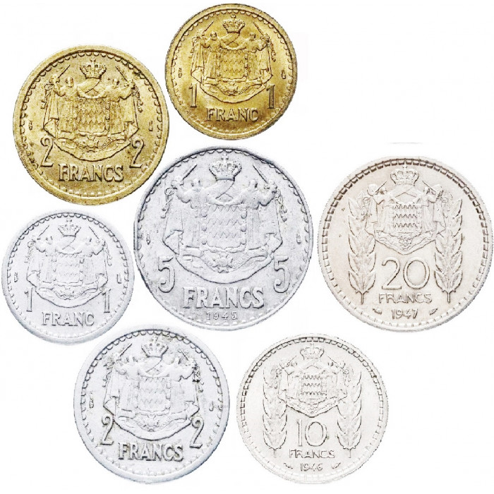 Монако 1 2 5 10 20 франков 1943-1947 год Набор из 7 монет Монако 1 2 5 10 20 франков 1943-1947 год Набор из 7 монет
