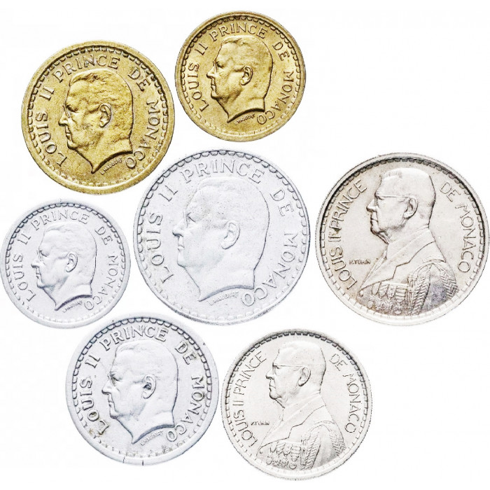 Монако 1 2 5 10 20 франков 1943-1947 год Набор из 7 монет Монако 1 2 5 10 20 франков 1943-1947 год Набор из 7 монет