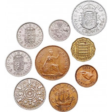 Великобритания 1 фартинг 1/2 1 пенни 3 6 пенсов 1 2 шиллинга 1/2 кроны 1953-1967 год Набор из 9 монет