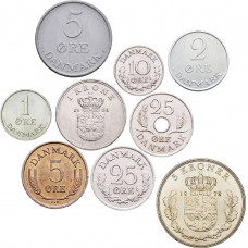 Дания 1 2 5 10 25 эре 1 5 крон 1947-1972 год Набор из 9 монет