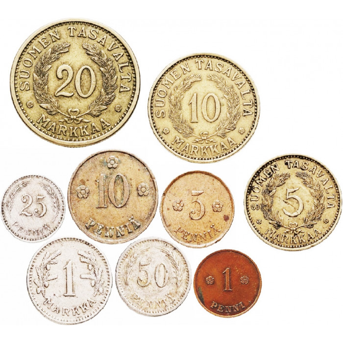 Финляндия 1 5 10 25 50 пенни 1 5 10 20 марок 1918-1942 год Набор из 9 монет