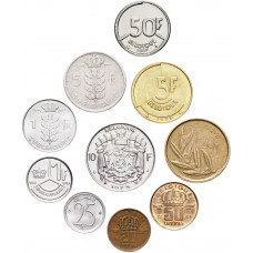 Бельгия 20 25 50 сантимов 1 5 10 20 50 франков 1948-1993 год Набор из 10 монет