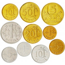 Финляндия 1 5 10 20 50 пенни 1 5 марок 1963-1990 год Набор из 10 монет