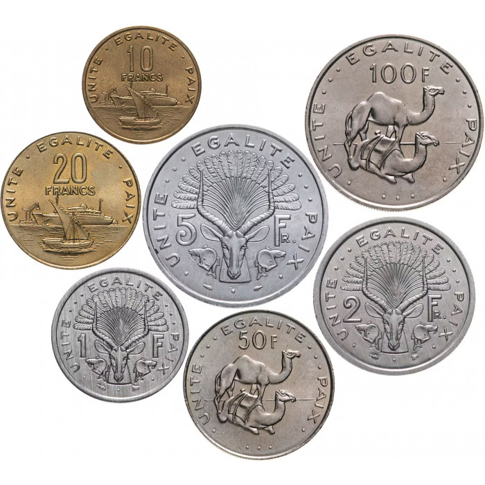 Джибути 1 2 5 10 20 50 100 франков 1977-2025 год Набор 7 монет
