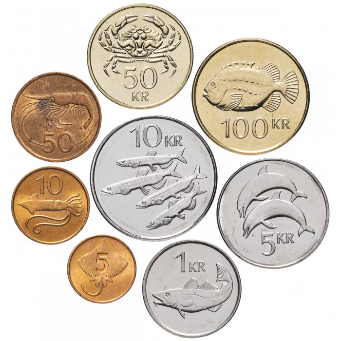 Исландия 5 10 50 эйре 1 5 10 50 100 крон 1981-2025 год Набор из 8 монет