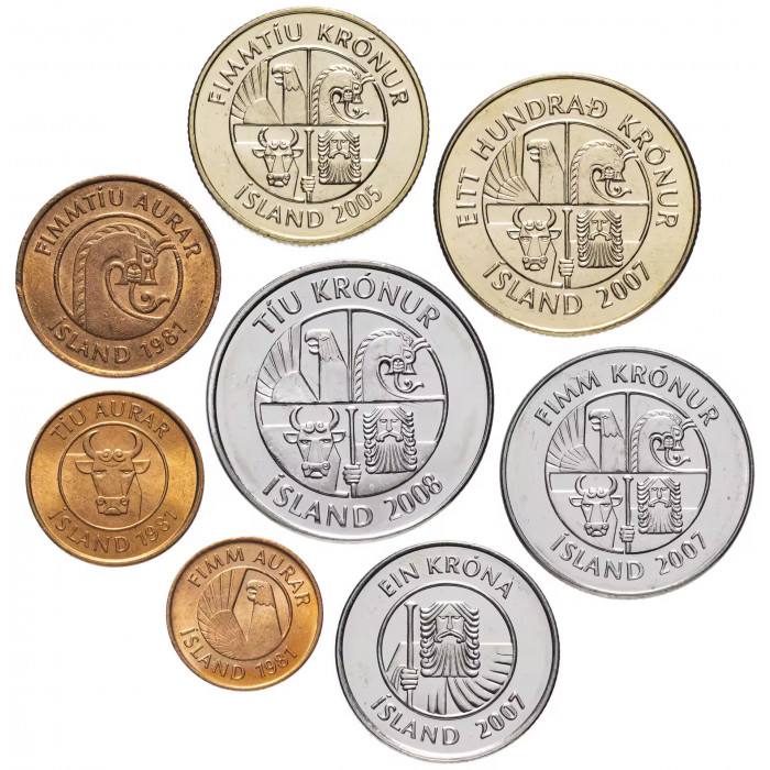 Исландия 5 10 50 эйре 1 5 10 50 100 крон 1981-2025 год Набор из 8 монет
