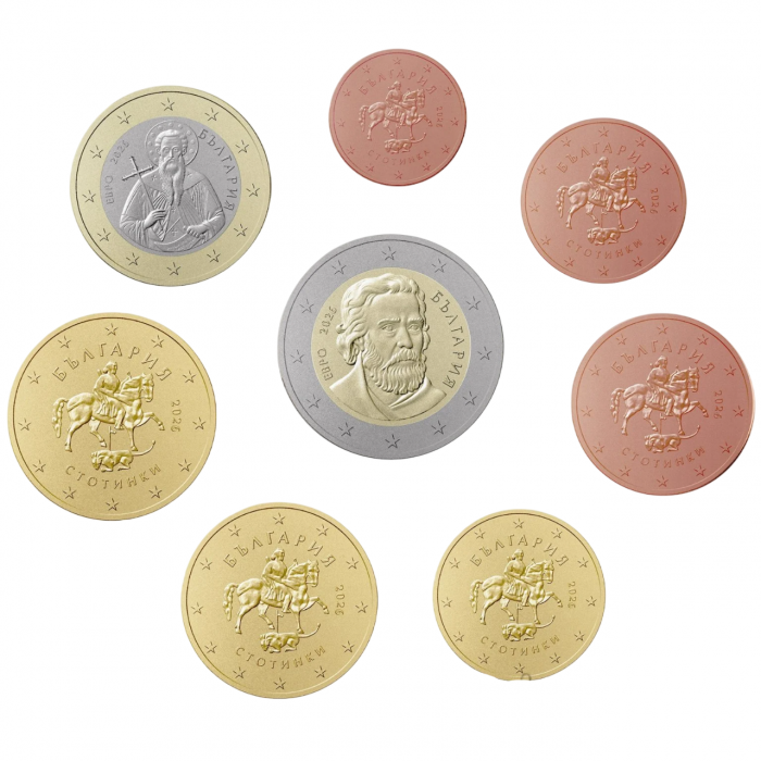 Болгария 1 2 5 10 20 50 евроцентов 1 2 евро 2026 год Набор из 8 монет