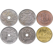 Испания 25 50 сентимо 1 песета 1925-1938 год Набор 6 монет
