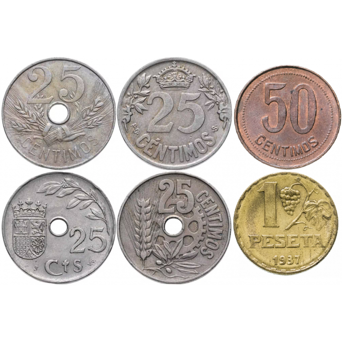 Испания 25 50 сентимо 1 песета 1925-1938 год Набор 6 монет