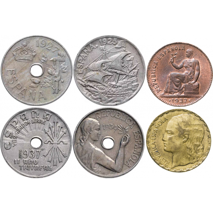 Испания 25 50 сентимо 1 песета 1925-1938 год Набор 6 монет