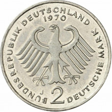 Германия - ФРГ 2 марки 1970 J год Конрад Аденауэр KM# 124
