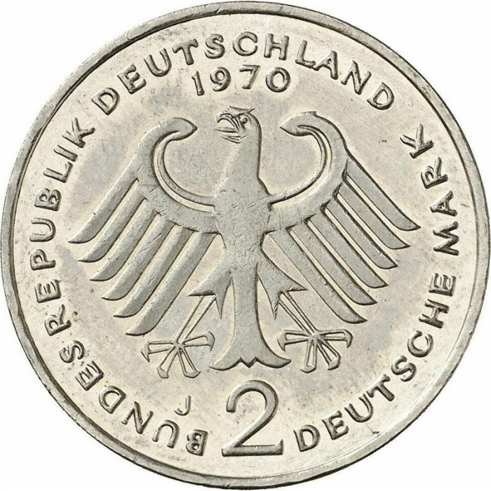 Германия - ФРГ 2 марки 1970 J год Конрад Аденауэр KM# 124