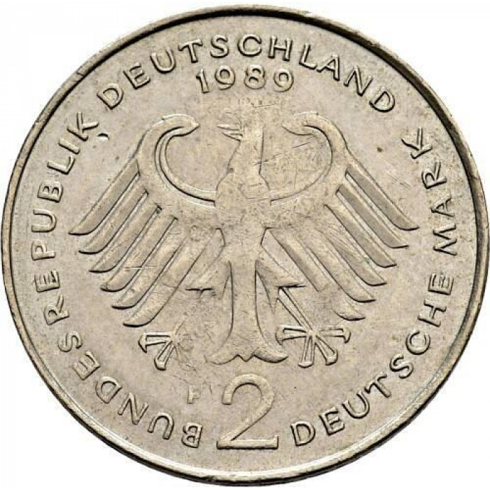 Германия - ФРГ 2 марки 1989 F год Теодор Хойс KM# 170